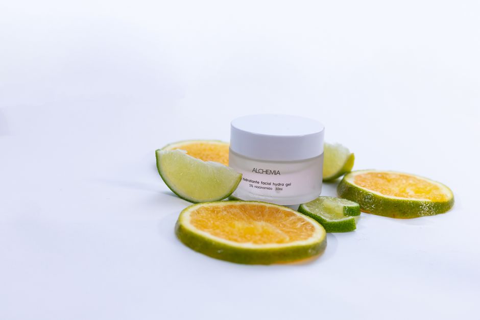 Hydrating facial gel with citrus slices showcasing freshness and skincare benefits.